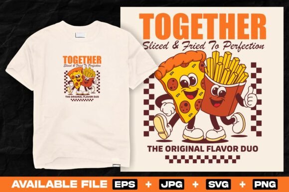 Retro Pizza and Fries Cartoon Character for T-Shirt Graphics